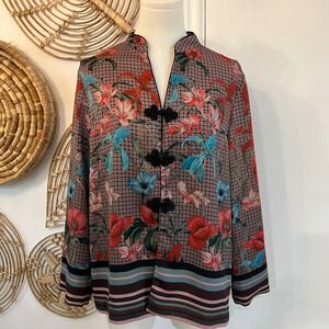 Zara Pink Floral Silky Frog Closure Mandarin Collar Kimono Jacket Large